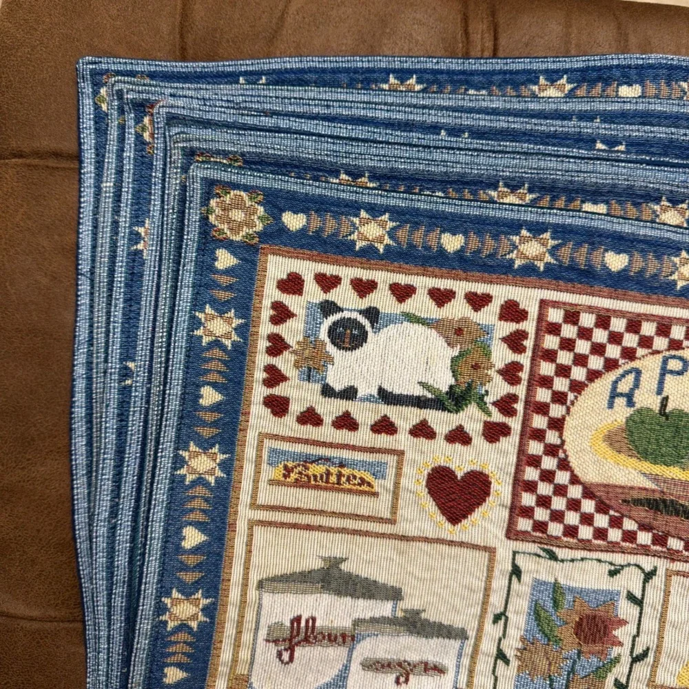Vintage Tapestry Placemats Set of 7 Blue Red Farmhouse Rooster Apple Kitchen